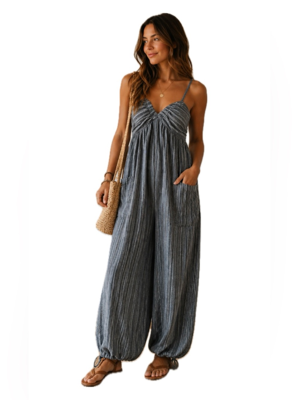 Klesis Plaid Jumpsuit M Boho Harem Balloon Leg Tie Back Pockets Lagenlook
